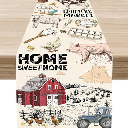 Farmhouse Rooster Table Runner, Rustic Cow Chicken Pig House Animals Coffee Table Center Decor for Family Kitchen Dining Room and Living Room Outdoor Country Holiday Party Table Decorations, 13"x72"