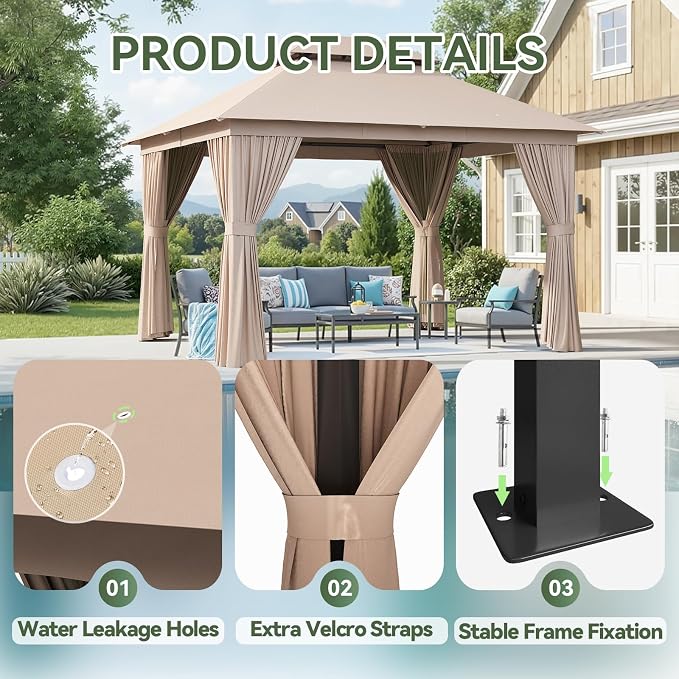 Aoxun 10x12FT Metal Frame Outdoor Gazebo, Khaki | UPF50+ Protection 50×50mm - Image 7