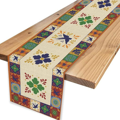 Mexican Table Runner, Orange Floral Birds Mexico Talavera Ceramic Dia De Los Muertos Coffee Table Center Decor for Family Home Kitchen and Dining Farmhouse Indoor Outdoor Table Decorations, 13" X 90"