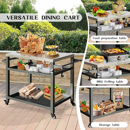 Domi 3-Tier Outdoor BBQ Grill Cart with Lockable Wheels | Portable Pizza Oven Stand & Food Prep Station | Blackstone Griddle with Stainless Steel Tabletop All-Weather Patio Cooking Center