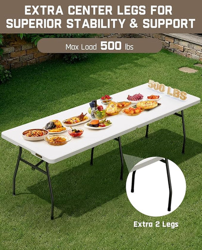 FanttikOutdoor 8ft Folding Table with Six Legs, 500 LBS Heavy Duty Plastic Fold-in-Half Table, Foldable Table w/Handle for Indoor Outdoor Party Wedding Office Camping Banquet, White Zeta X8 Pro