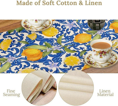 Rustic Lemon Table Runner,Vintage Morocco Blue Mediterranean Spring Summer Fruit Print Table Runner for Farmhouse Kitchen Dining Table Home Party Decor 13x60in