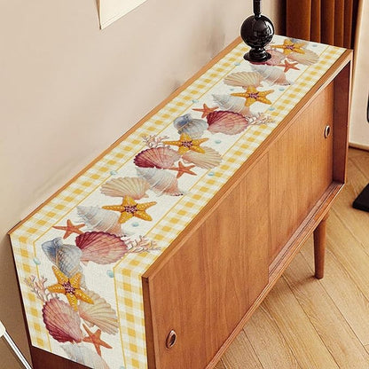 Coastal Table Runners, Yellow Plaid Buffalo Nautical Ocean Starfish Coral Seashell Pearl Beach Summer Coffee Table Center Decor for Family Wedding Holiday Party Farmhouse Table Decorations, 13" X 72"