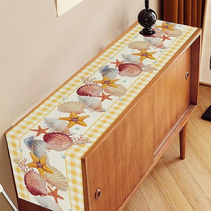 Coastal Table Runners, Yellow Plaid Buffalo Nautical Ocean Starfish Coral Seashell Pearl Beach Summer Coffee Table Center Decor for Family Wedding Holiday Party Farmhouse Table Decorations, 13" X 36"