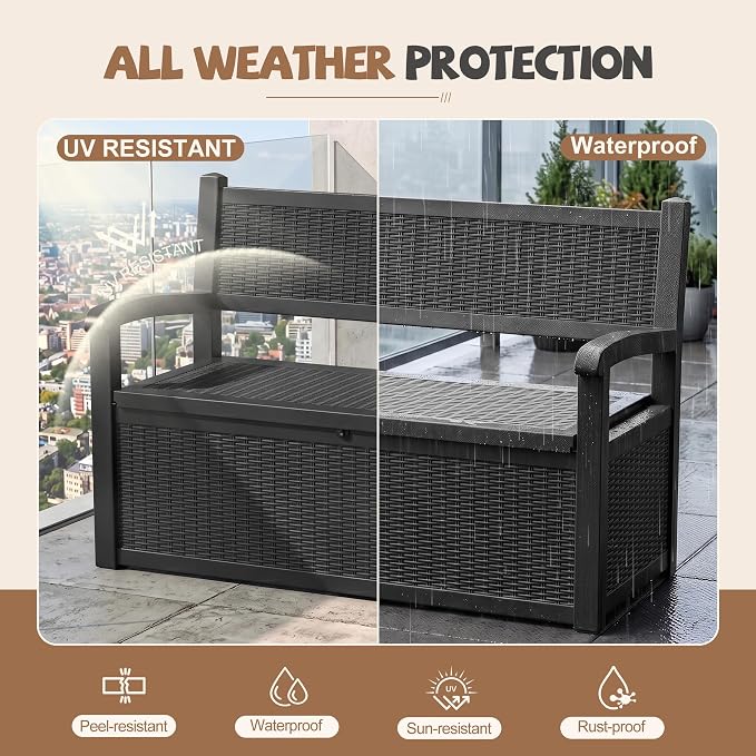 EFU Outdoor Bench Storage Deck Box, 100 Gallon Waterproof Wicker | Patio - Image 4