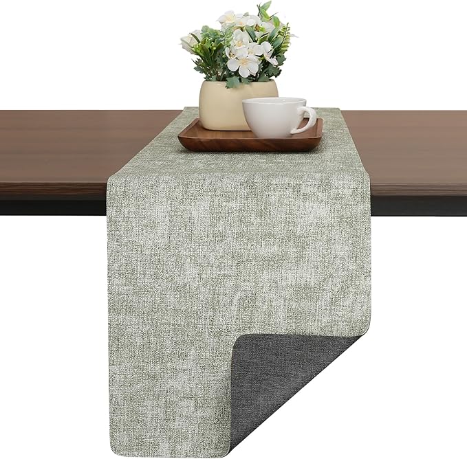 Table Runners 94 Inches Long, Dual-Sided Faux Leather Farmhouse Table Runner Waterproof Non-Slip for Living Room Party Home Decor Holiday Decorations(Gray Grass Green, 12 x 94 Inch)