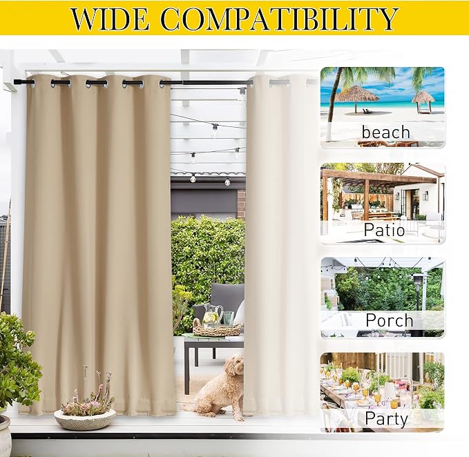 NICETOWN Outdoor Curtains for Patio Waterproof W84xL108 Biscotti Beige | - Image 6