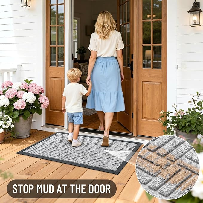 OLANLY Front Door Mat Outside Entrance 71x47, Absorbent, Heavy Duty Sturdy Natural Rubber Doormat Indoor Outdoor, Non-Slip, Stain and Fade Resistant, Low Profile Floor Mat for Entryway, Light Gray