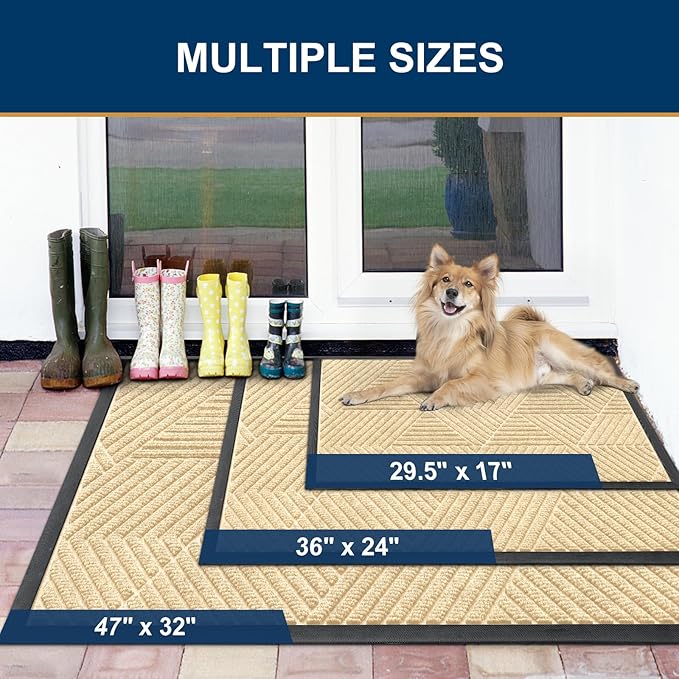 Smiry Front Door Mat Outside Entrance, Heavy Duty Sturdy Natural Rubber Doormat, Trap Dirt and Moisture, Easy Clean Low Profile Mats for Indoor Outdoor Entry, Irregular Triangle (36x24, Beige)
