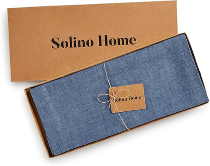 Solino Home Linen Table Runner 120 Inches Long - Athena, 100% Pure Linen Blue Denim Dining Table Runner 14 x 120 Inch for Winter, Spring, Easter