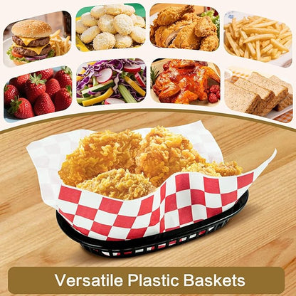 18 Pcs Fast Food Baskets, Black Oval Baskets with 100 Pcs Red Retro Style Checkered Deli Liner, Plastic Food Serving Basket for Hot Dogs, Bread, Fruit, Burgers, Home, Picnic, Restaurants