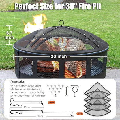Fire Pit Spark Screen, Upgraded 30 Inch Outdoor Fire Pit Screen with Handle & Poker, Heavy-Duty Steel Fire Pit Cover Round Mesh Replacement Firepit Screen for Backyard/Beach/RV Camping