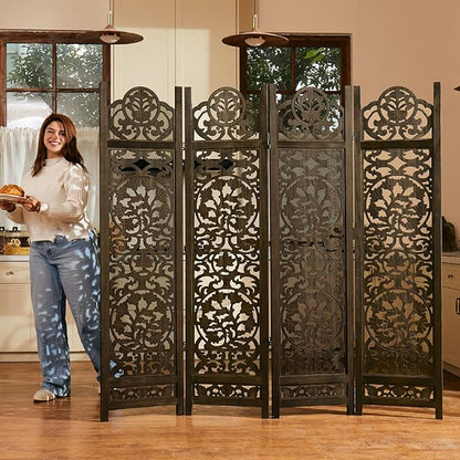5.75Ft Room Divider Wood Screen, 33Lbs Durable MDF Carved Rustic Style Headboard, Reversible Freestanding Folding Partition Paravent for Home, 69 * 71 inch(H*W) - 4 Panels (Antique Brown)
