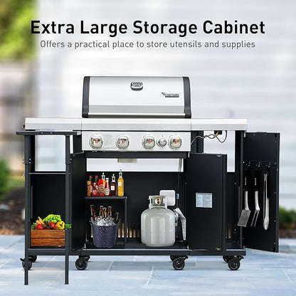 Brand-Man 4-Burner Gas Outdoor Kitchen Grill Island with Side Burner - 44,000 BTU Stainless Steel BBQ Grill Station with Storage Cabinets, Fold-out Prep Table, LPG/NG Convertible, Black