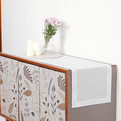 D'Moksha Homes Linen White Table Runner 60 Inches - Classic Hemstitch, 100% Pure Linen Coffee Table Runner 14 x 60 Inch Ideal for Dresser Tables, Valentines, Spring, Easter