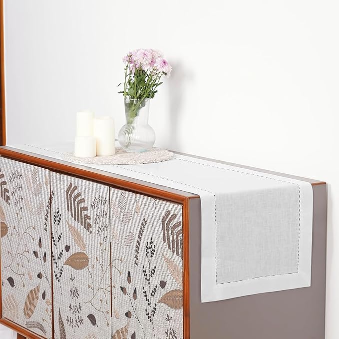 D'Moksha Homes Linen White Table Runner 36 Inches - 100% Pure Linen Small Table Runner 14 x 36 Inch Ideal for Dresser, Coffee Tables, Valentines, Spring, Easter - Classic Hemstitch