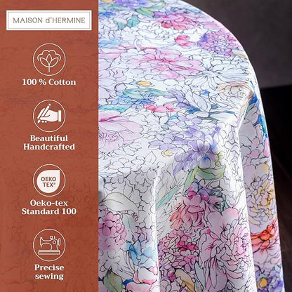 Maison d' Hermine Table Cloth Round Table 100% Cotton 63 Inches Tablecloth Reusable Decorative Everyday Use for Dining Room, Farmhouse, Home, Party, Festive & Wedding Spring Summer - Floral Love