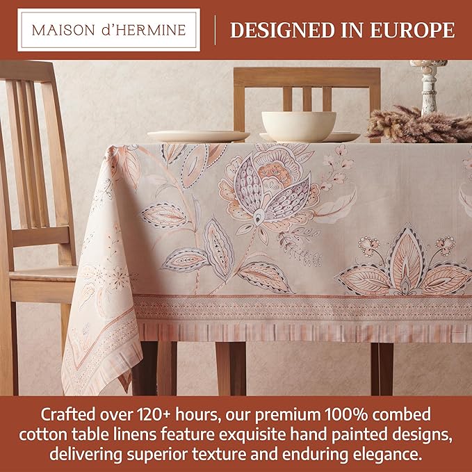 Maison d' Hermine Premium Table Cloth Rectangle Table 100% Combed Cotton 90 x 70 Inches Tablecloth Reusable Decorative for Dining Room, Farmhouse, Home, Party, Festive & Wedding - Society Florals