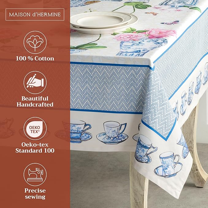 Maison d' Hermine Table Cloth Rectangle Table 100% Cotton 54 x 72 Inches Tablecloth Reusable Decorative Everyday Use for Dining Room, Farmhouse, Home, Party, Festive & Wedding Spring Summer - Canton