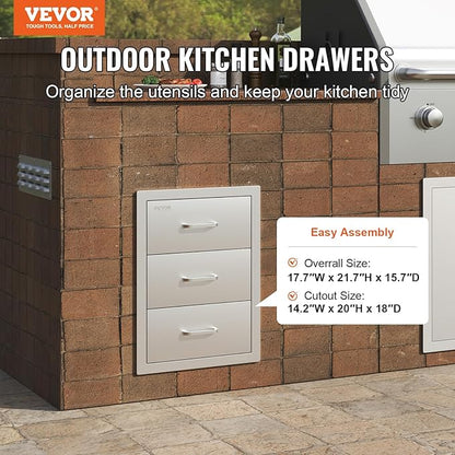 VEVOR Outdoor Kitchen Drawer Cabinets 16" W x 21.5" H x 18" D, BBQ Drawer Stainless Steel, Flush Mount Triple Access, with Handle, BBQ Island, Outdoor Grill Patio Grill Station