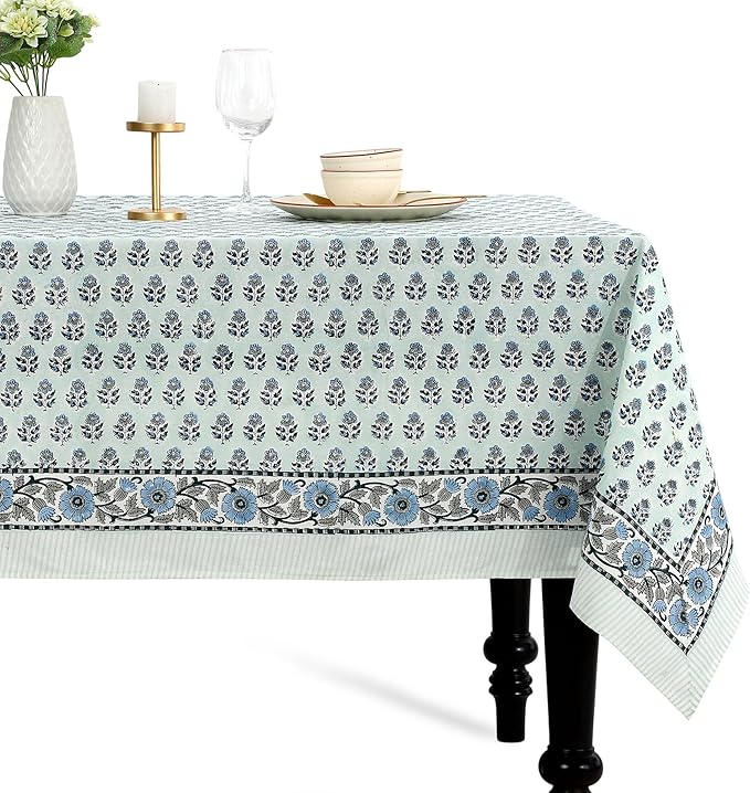 CPC Tablecloth 100% Cotton 60x90 Inch Indian Block Print Rectangle Table Cover, Washable Table Cloth for Weddings, Spring/Summer, Barbeque - Poppy Blue