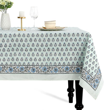 CPC Tablecloth 100% Cotton 60x90 Inch Indian Block Print Rectangle Table Cover, Washable Table Cloth for Weddings, Spring/Summer, Barbeque - Poppy Blue
