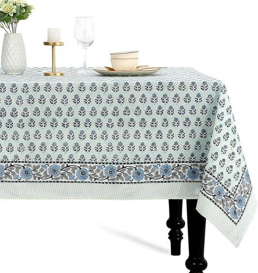 CPC Tablecloth 100% Cotton 60x90 Inch Indian Block Print Rectangle Table Cover, Washable Table Cloth for Weddings, Spring/Summer, Barbeque - Poppy Blue