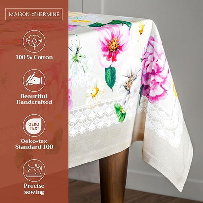 Maison d' Hermine Table Cloth Square Table 100% Cotton 54 x 54 Inches Tablecloth Reusable Decorative Everyday Use for Dining Room, Farmhouse, Home, Party, Festive & Wedding Spring Summer - Pivoine