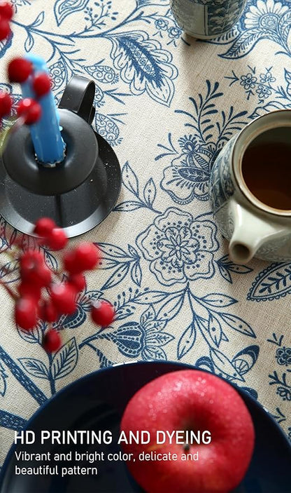 ISAENNE Designer French Linen Round Tablecloth,Blue Floral Washable Indoor Table Cloth,Durable Home Decor Tablecloths for Dining Thanksgiving Kitchen Party Christmas,Diameter 67"-Ruyi B