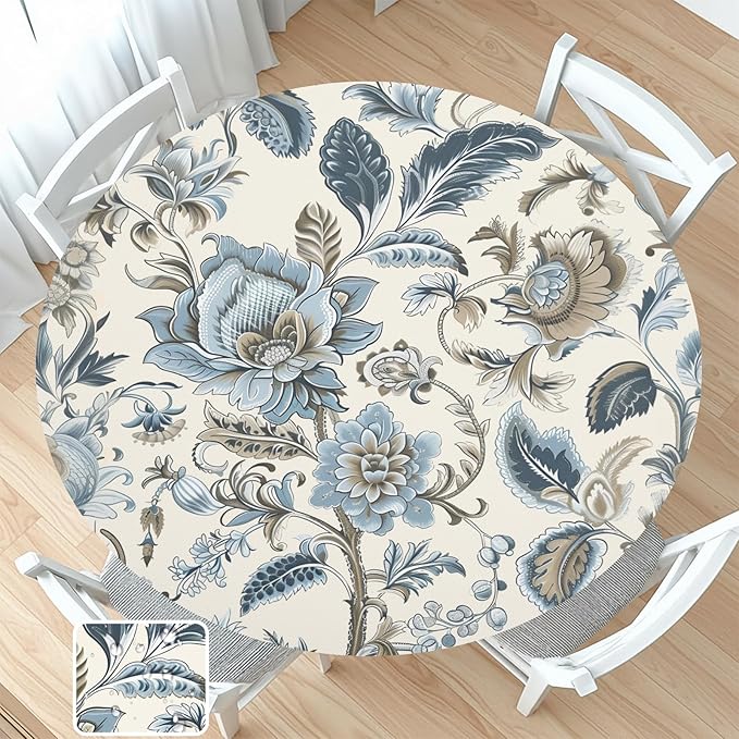 Vintage Floral Round Fitted Tablecloth with Elastic Blue Brown Chinoiserie Flower Circle Table Cloth for 36-40" Round Tables Wipeable Waterproof Elegant Rustic Table Cover for Dining Patio Picnic