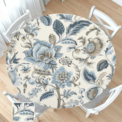 Vintage Floral Round Fitted Tablecloth with Elastic Blue Brown Chinoiserie Flower Circle Table Cloth for 36-40" Round Tables Wipeable Waterproof Elegant Rustic Table Cover for Dining Patio Picnic