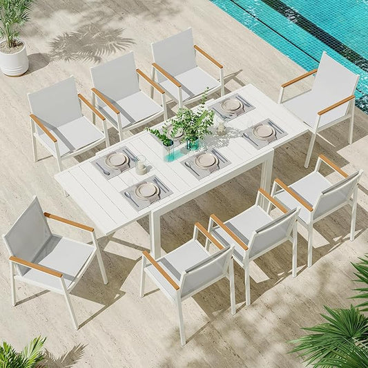 Expandable Outdoor Patio Dining Table Set for 6-8 Person, Aluminum Outdoor Table and 8 Chairs with Textilene Fabric & HDPS Armrest, All-Weather Patio Furniture Set for Yard, Garden, White