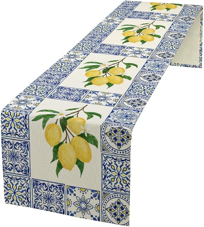 Yellow Lemon Table Runner, Blue Tiles Summer Holiday Tasty Fruit Healthy Fruit Vintage Watercolor Rustic Botanic Table Cover for Party Picnic Dining Room Kitchen, 13x36inch