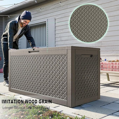 EasyUp 121 Gallon Outdoor Storage Box Waterproof, UV Resistant Resin Deck Box with Hydraulic Rod, Reinforced Stability for Patio, Garden, Quad Leaf Grey
