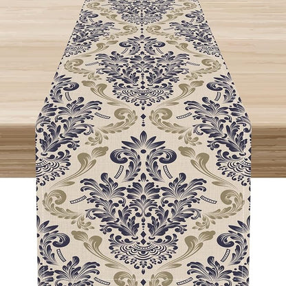 Blue Damask Table Runner, Boho Baroque Style Floral Flower Antique Classic Rustic Gothic Vintage Coffee Table Center Decor for Kitchen and Dining Outdoor Home Country Party Table Decorations, 13"x72"