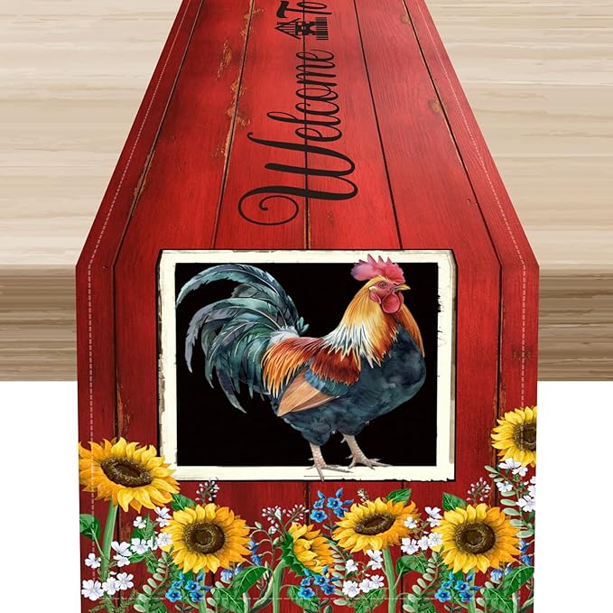 Rooster Table Runner, Farmhouse Vintage Chicken Wooden Sunflower Floral Cow Pig Red Coffee Table Center Decor for Family Kitchen and Dining Room Outdoor Country Party Table Decorations, 13"x108"