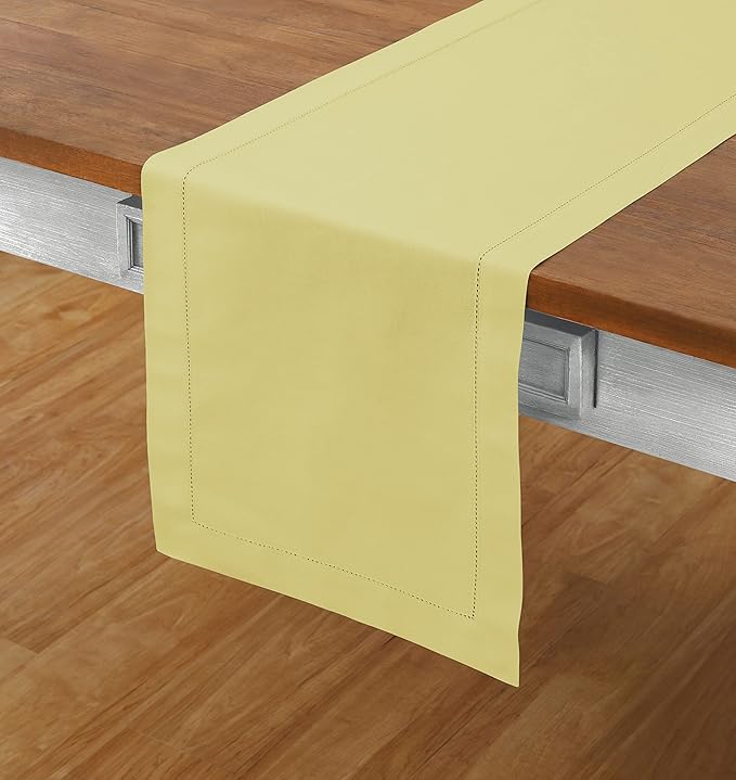 Solino Home Cotton Linen Yellow Table Runner 120 Inches Long - Hemstitch 14 x 120 Inch Table Runner for Spring, Easter