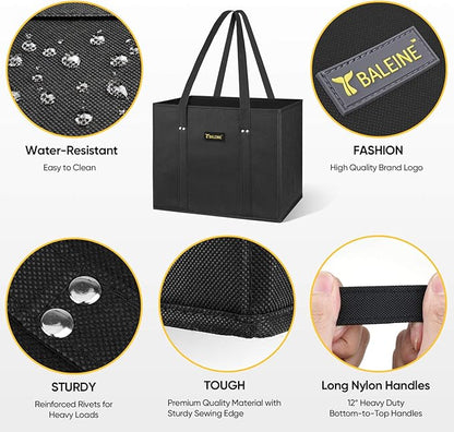 BALEINE 3Pk Reusable Grocery Bags, Foldable Shopping Bags for Groceries with Reinforced Bottom & Handles (Black)