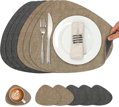 Placemats and Coasters, Washable Reversible Placemats Round Faux Leather Wipeable Place Mats Non Slip Heat Resistant Indoor Outdoor Table Mats (Set of 6, Gray Beige)