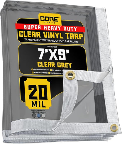 Core Tarps 20 Mil Extreme Heavy Duty Clear Tarp with Gromments - 7x9ft Super Clear Tarps Heavy Duty Waterproof Vinyl Tarpaulin, Transparent Tarp for Outdoor, Camping & Construction, Clear Grey