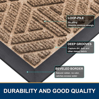 Smiry Front Door Mat Outside Entrance, Heavy Duty Sturdy Natural Rubber Doormat, Trap Dirt and Moisture, Easy Clean Low Profile Mats for Indoor Outdoor Entry, Grid Geometric (36x24, Coffee)