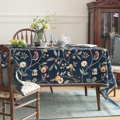 Linen Table Cloth Rectangle,Wrinkle Resistant French Blue Tablecloth Print with Froal,Decor Stitch Table Cloth for Thanksgiving,Dining Room,Home,Kitchen 63" × 87"-DeweyA Blue