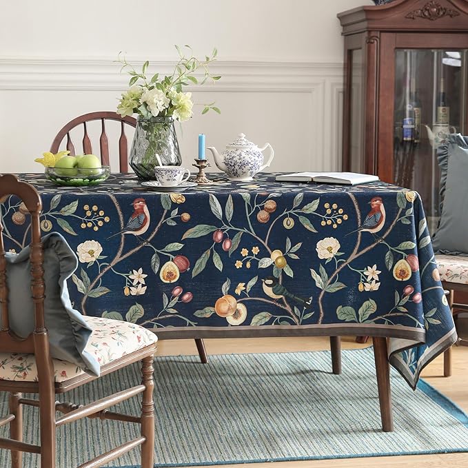 Linen Table Cloth Rectangle,Wrinkle Resistant French Blue Tablecloth Print with Froal,Decor Stitch Table Cloth for Thanksgiving,Dining Room,Home,Kitchen 63" × 110"-DeweyA Blue