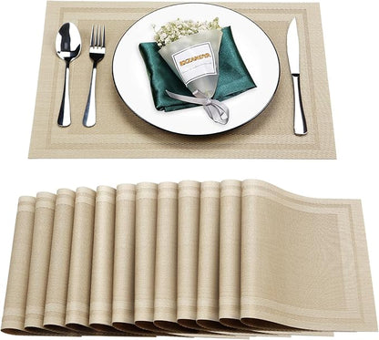 Placemats Set of 12,Washable,Heat and Stain Resistant Indoor/Outdoor Place mats,Vinyl Woven Non Slip Table Mats for Restaurant Table Protection,PVC Placemats(Beige,12PCS)