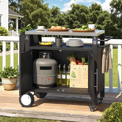 Outdoor Kitchen Storage Cabinet on Wheels, Grill Prep Table Kitchen Cabinets Island with Stainless Steel Top, Extension Plate, Outdoor Pizza Oven Stand Table for BBQ Patio Backyard