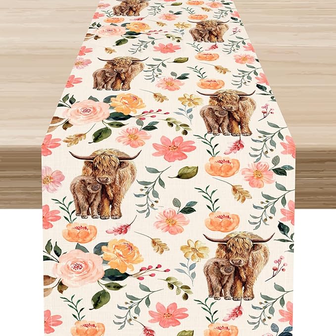 Cow Table Runner, Rustic Farmhouse Pink Floral Flower Spring Summer Yak Leaves Seasonal Coffee Table Center Decor for Home Kitchen Dining Patio Holiday Party Indoor Outdoor Table Decorations, 13"x90"