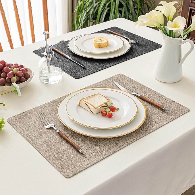 Romanstile Reversible Vinyl Placemats Set of 6, Faux Leather 100% Waterproof Oil-Proof Wipeable Place Mats, Heat Resistant Dual Sided Table Mats for Kitchen/Dining/Party (Grey Khaki, 12 x 17 Inch)