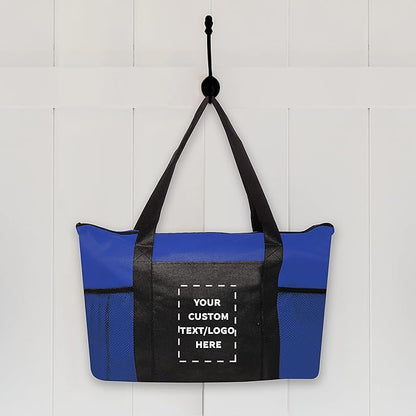 DISCOUNT PROMOS 10 Zippered Non-Woven Tote Bags Set - Customizable Text, Logo - Mesh Pocket, Zippered, Recyclable, Reusable - Blue - 19"X14"X3", with Zipper