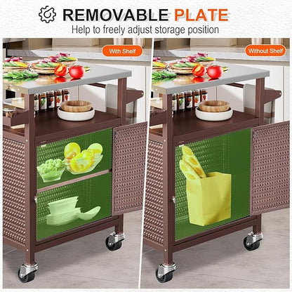 Outdoor Pizza Oven Table,Outdoor Table with Waterproof Cover, Movable Pizza Oven Stand Tables (Brown)