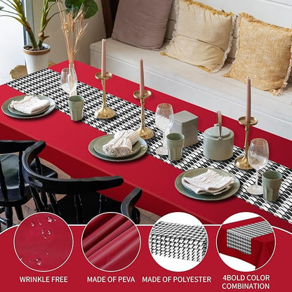 WANGDEFA 1 Pack Plastic Red Tablecloth Houndstooth Table Runner Houndstooth Party Decor 108 * 54inches for Dining Table Outdoor Party Decorative Tablecloth（PVEA and Polyester Material